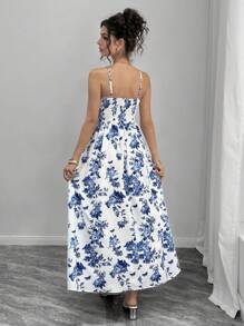 SHEIN 孕妇无袖蝴蝶印花连衣裙，适合户外活动、派对、毕业典礼、舞会和节日，春夏季 - 藍白色 - 查看 2