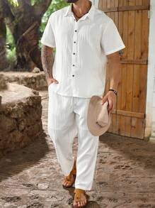 ResortEase بدلة رجالية كاجوال بقميص كم قصير أزرار أمامية وبنطلون كارجو لون أحادي المقاس الكبير