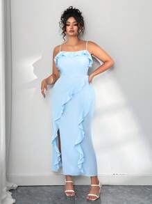 Elenzga 女式大码无袖荷叶边连衣裙 - 淺藍色 - 查看 7