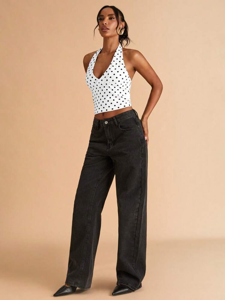 SHEIN BAE Black Polka Dot Print Casual Halter Neck Top, Suitable For Brunch, Street Wear, Date, Commute, Cruise, Ibiza - White - View 3