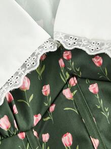 SHEIN MOD Stand Collar Gigot Sleeve Fishbone Bodice Ditsy Floral Dress - Army Green - View 3