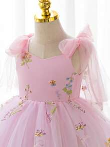 SHEIN Glamorique Kids 复活节花童生日派对婚礼礼服，女孩细肩带绿色薄纱蝴蝶结前公主刺绣芭蕾舞裙，适合舞台表演、派对、摄影，四季皆宜 - 西瓜粉 - 查看 6