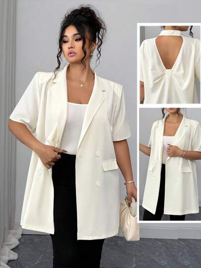 Elenzga Plus Size Women Casual Office Blazer With Shoulder Pad, Open Back Bowknot Detail Short Sleeve Lightweight Suit, Summer Graduation,Back To School,Teacher Outfits For Women