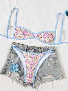 Swim SXY 夏季花卉印花吊带露背度假风女式两件套泳衣套装 - 彩色 - 查看 6