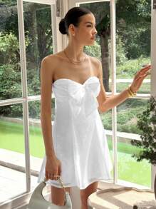 Rafferiza 时尚性感提花露肩收腰复古法式蝴蝶结装饰女式连衣裙 - 白色 - 查看 6