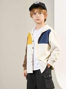 1 Piece Tween Boy 休闲运动学院艺术风格复古宽松版型灯芯绒材质面料多色拼接连帽长袖衬衫适合返校适合生日派对、晚会、表演、婚礼、洗礼、开幕式日常适合日常使用适合上学适合旅行适合运动适合春夏秋季 - 卡其色 - 查看 3