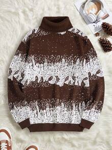 SHEIN Cottnline Men Graphic Pattern High Neck Regular Sweater - Brown - View 1
