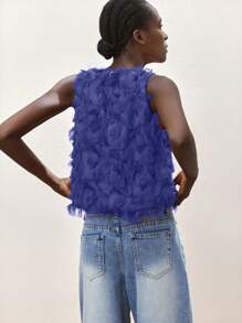 Maija Embroidered Purple Fabric Crew Neck Ruched Hem Feather Decor Casual Bohemian Style Loose Tank Top For Women, Comfortable Spring/Summer Beach Holiday Shoulder Showing Blouse Fringe Top Feather Top Ruffled Top Royal Blue Top Blue Fringe Top