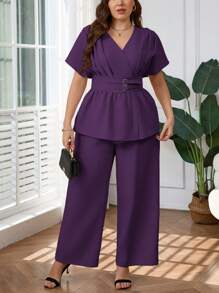 SHEIN Privé Bộ 2 món áo khoác cardigan cổ chữ V bằng sợi tre thanh lịch cỡ lớn và quần ống rộng ống đứng, phù hợp mặc hàng ngày, đi làm, đi làm, đi chơi, xuân hè - Màu tím - Xem 8