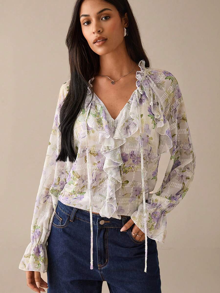 Lilora Blusa elegante de manga larga con volantes y estampado floral para vacaciones, de estilo urbano para salir - Camiseta divertida de mujer de manga larga y volantes, de estilo urbano, romántico y elegante, para salir - Púrpura malva - Ver 1