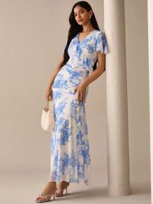 Lilora Elegant Lässig Pendler Raffungen Muster Kleid Städtischer Stil Blau Blumen Volant Ärmel Langes Kleid Städtische Lässig, Romantisch und Elegant, Ausgehen - Blau - Übersicht 3