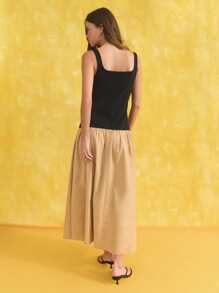Nöista Black,Summer,Elegant,Brunch Women's Fitted Tank Smooth Knit Square Neck Ring-Detail Straps A-Line Cotton-Like Skirt Versatile Beach Airport Outfits - Khaki - View 2