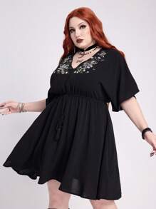 ROMWE Spring/Summer Carnival Party Casual Black Gothic Hippie Vacation Style Black Star & Moon Plant Snake Print Embroidered Plus Size Dress - Black - View 6