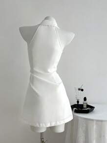 Elamini Vestido mini acampanado sin mangas con bordados, ajuste slim, para primavera/verano - Blanco - Ver 2