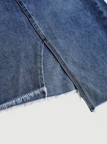 SHEIN MOD 女式休闲牛仔迷你裙，前开衩，下摆不对称，蓝色 - 深色水洗藍 - 查看 4