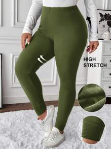 SHEIN LUNE 大码女式纯色保暖内衬打底裤 保暖内衬打底裤 冬季打底裤 保暖打底裤 保暖打底裤 舒适打底裤 保暖内衬打底裤 - 軍綠色 - 查看 7