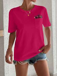 EURMUSE 100%Cotton T-Shirt With Flower Embroidery, Round Collar, Pocket Details - Hot Pink - View 4