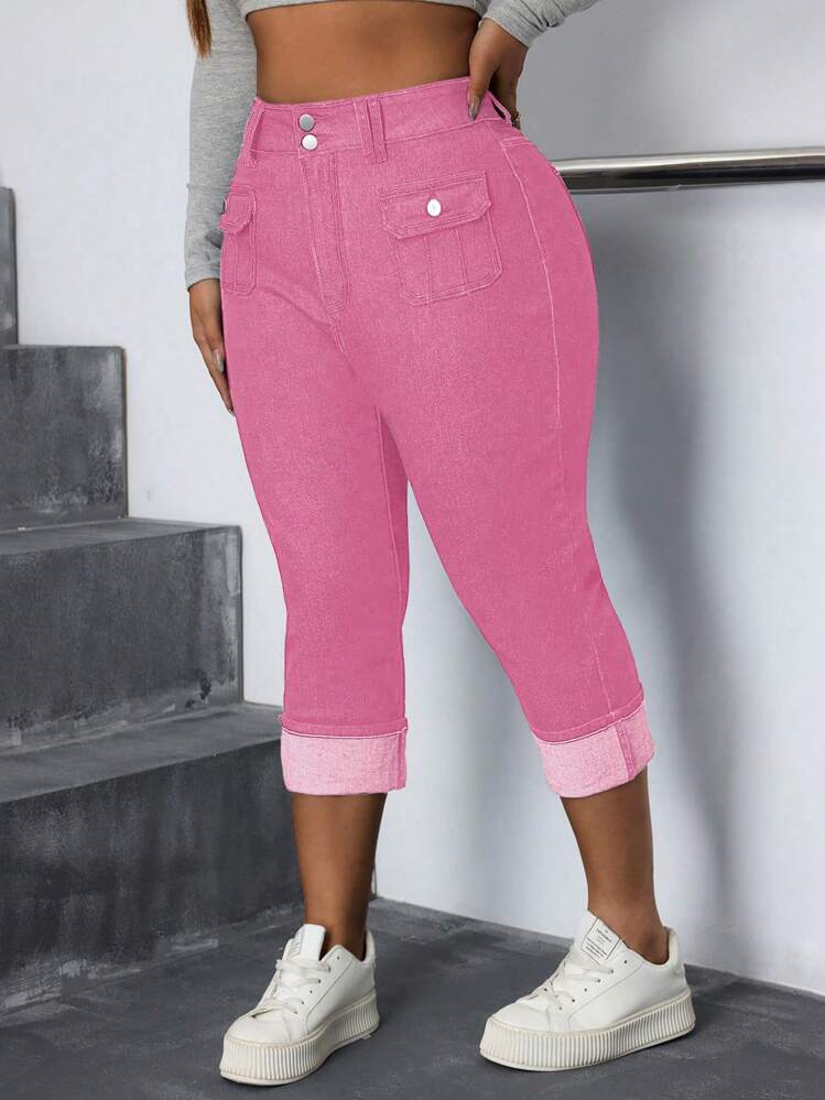 SHEIN CURVE+ Bohemian Style Plus Size Women Elastic Tight Folding Hem 3/4 Jeans, Autumn - Pink - View 5