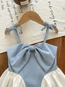 SHEIN LMoss Kids Đầm dự tiệc màu tương phản cổ điển trang trí nơ thanh lịch thời trang cho bé gái - Màu xanh lam - Xem 3
