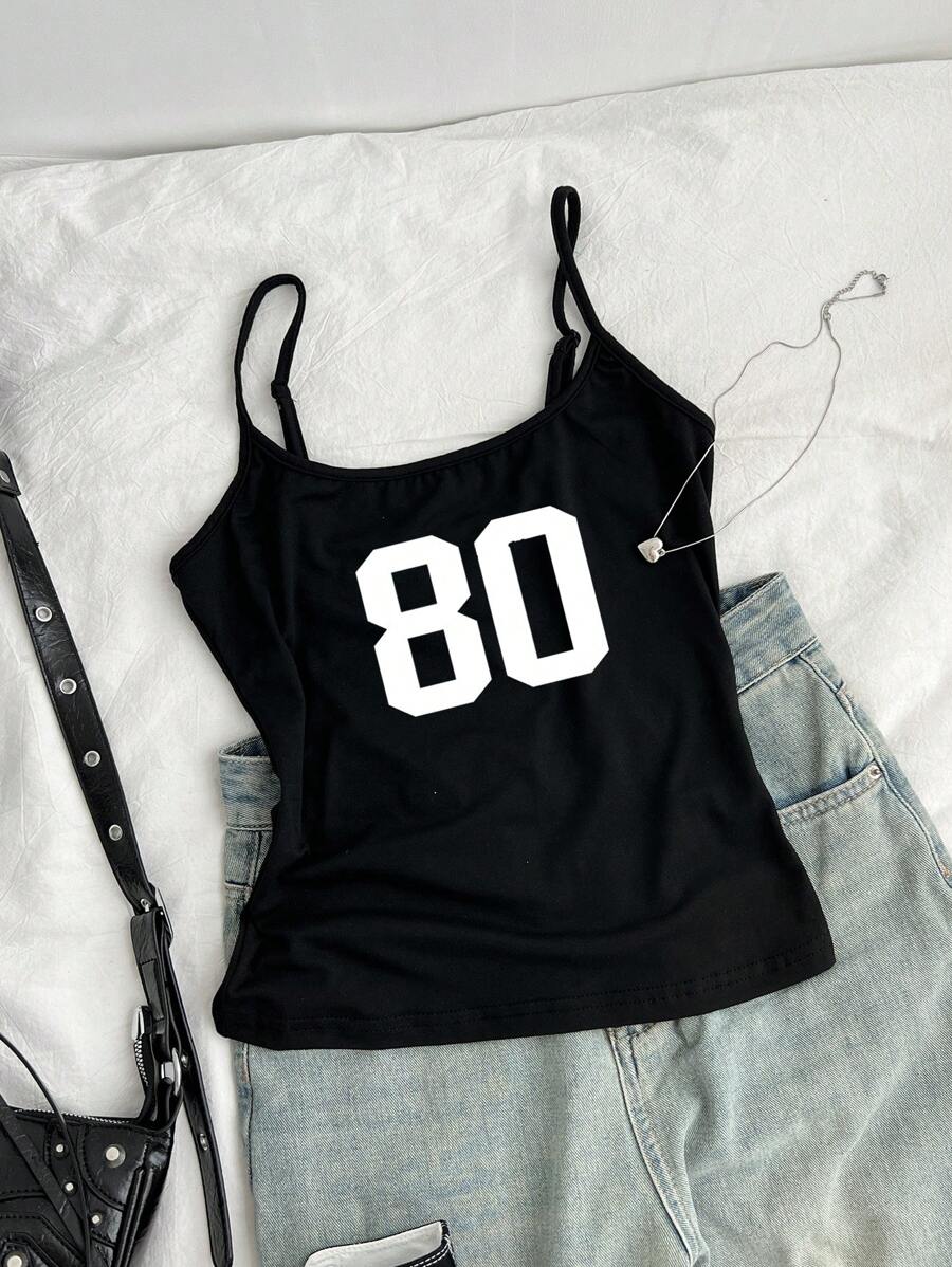 SHEIN EZwear 女士休闲 80 图案性感吊带背心，夏季 - 黑色 - 查看 1