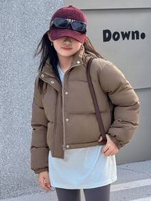 DAZY 青少年女孩长袖短款纯色街头休闲棉服外套冬季 - 咖啡棕 - 查看 2