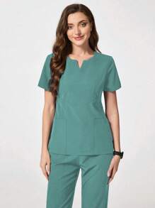 TaskEZ Solid Color Notched Neck Short Sleeve Top And Pocket Shorts Scrub Uniform Set - Green - View 3
