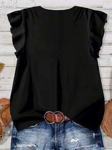 SHEIN CURVE+ Plus Size Women Daily Casual Vacation V-Neck Black Loose Blouse, Summer Vacation Going Out Tops/Autumn /Winter - Black - View 6