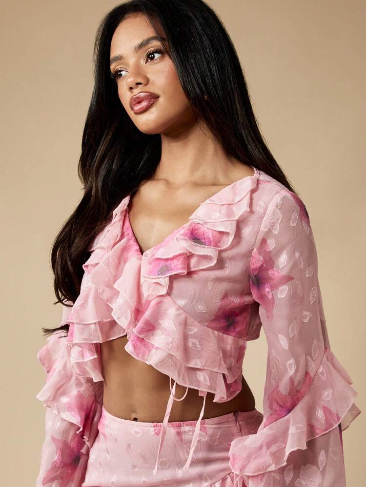 MISSGUIDED Floral Burnout Ruffle Crop Wrap Blouse Bell Sleeve Summer Resort Wear Festival Top Beachwear Boho Chic Spring Party Top