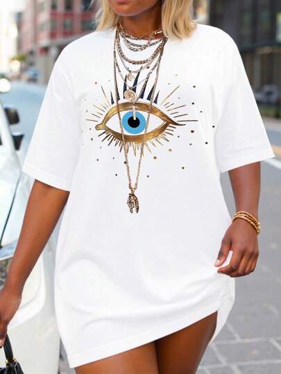 Calvaya Plus Size Round Neck Eye Print Summer T-Shirt Graphic Tees Women Tops