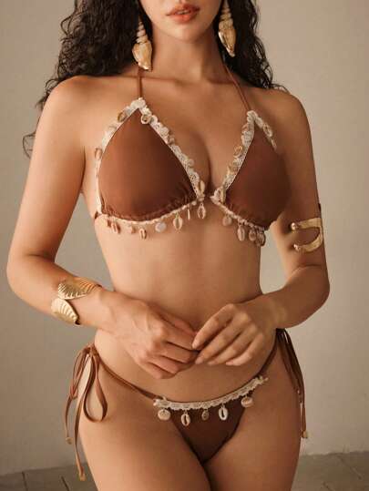 Anewsta Women's Seashell Decor Halter Strappy Sexy Bikini Set, Summer Beach