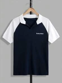 RueChic Camisa polo casual de manga raglán con impresión de letra para hombres