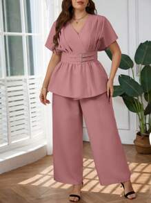 SHEIN Privé 大码女式春夏舒适休闲简约优雅办公室/通勤百搭竹纤维 V 领开衫和阔腿裤两件套 - 藕粉色 - 查看 5