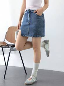 K-Vae Women's Summer Washed Blue Classic Hip Denim Skirt, Casual Split Denim Skirt, Graduation Season College Style, Daily School Commuting Skirt