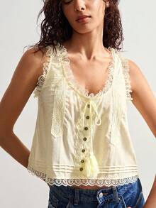 Bohemela 平纹梭织撞色蕾丝边短款宽松女式背心 - 芥末黃 - 查看 3