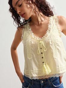 Bohemela 平纹梭织撞色蕾丝边短款宽松女式背心 - 芥末黃 - 查看 5