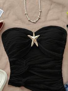 Soleia Áo thun nữ bó sát vải dệt kim màu trắng có họa tiết hình sao biển, viền áo bất đối xứng, áo cánh thời trang ôm vừa vặn gợi cảm cho tiệc tùng, hẹn hò, ngày lễ tình nhân, lễ hội âm nhạc, du thuyền trên bãi biển nghỉ dưỡng mùa xuân hè - màu đen - Xem 4