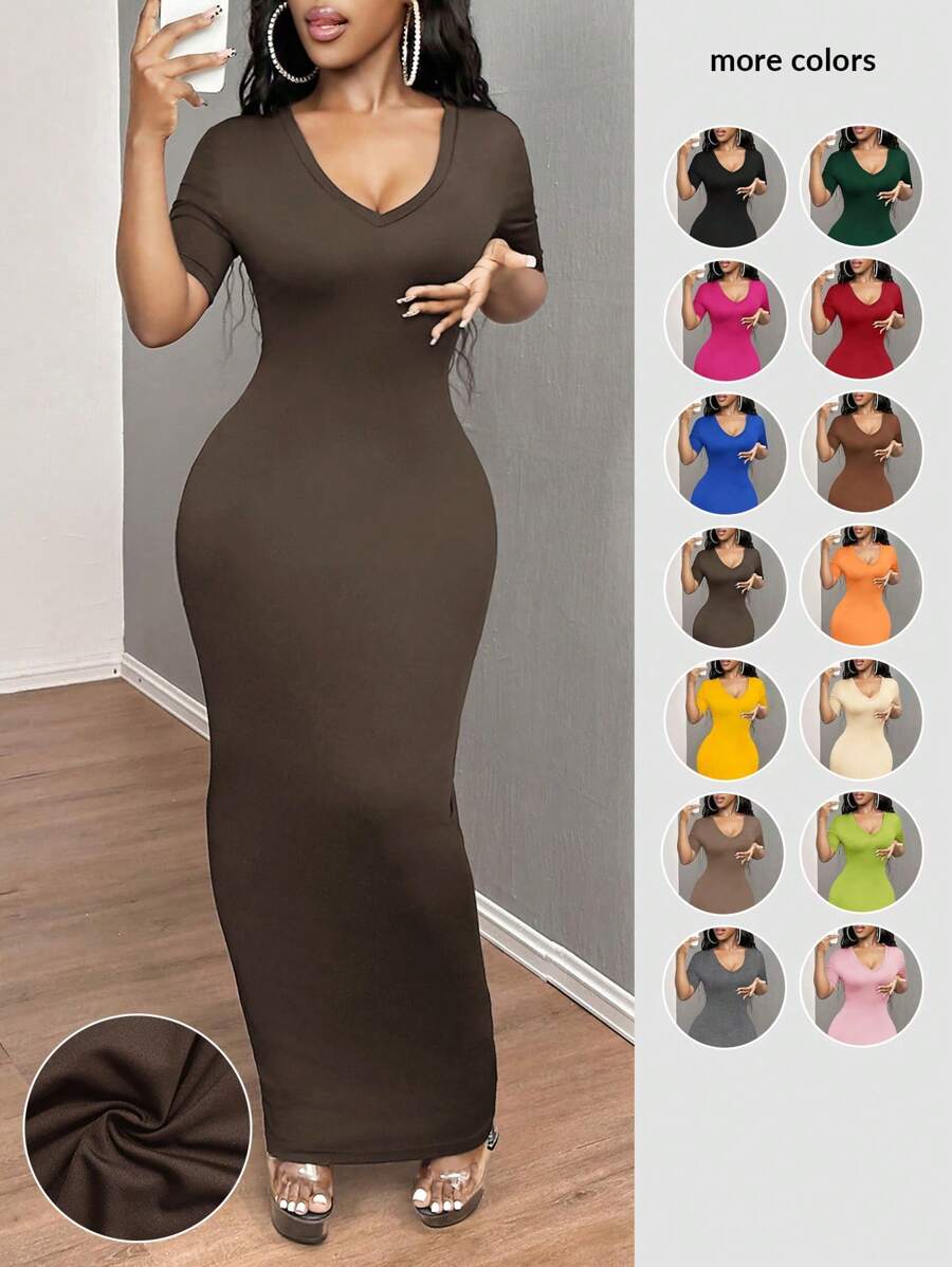SHEIN SXY 女士纯色 V 领紧身短袖连衣裙 Hoco Dresses - 咖啡 - 查看 1