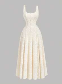 SHEIN MOD Cream White Summer Elegant Dates Jacquard Knit Dress,Beige U-Neck Sleeveless Button Decor Full Skirt, Wedding Guest Prom Tea Party Sun Dress - Apricot - View 1