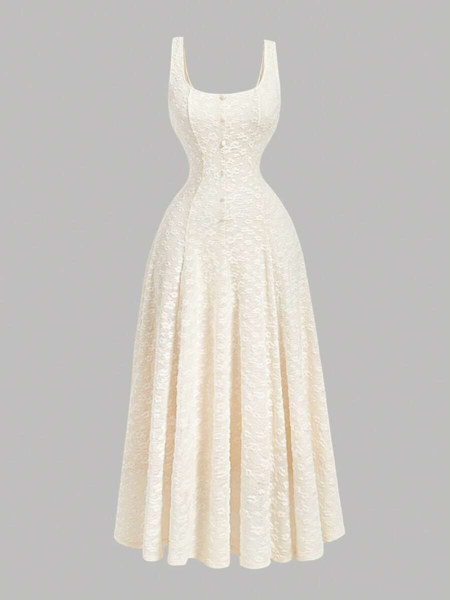 SHEIN MOD Cream White Summer Elegant Dates Jacquard Knit Dress,Beige U-Neck Sleeveless Button Decor Full Skirt, Wedding Guest Prom Tea Party Sun Dress - Apricot - View 1