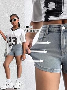 Shorts di jeans di da ragazza, stile boho vintage lavato, in denim azzurro chiaro ad alta elasticità, adatto per abbigliamento da ragazza, costumi e abiti di uso quotidiano primavera estate, outfit casual e da vacanza per ragazze
