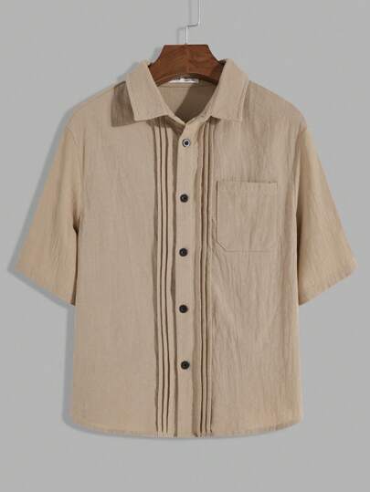 SHEIN Tween 男童卡其色细节装饰休闲衬衫，舒适百搭，适合上学、旅行、户外活动，四季皆宜