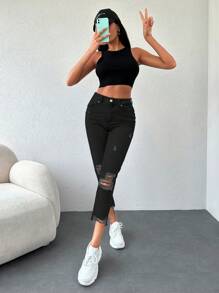 EURMUSE 100%Cotton Ripped Raw Hem Mom Fit Jeans - Black - View 4