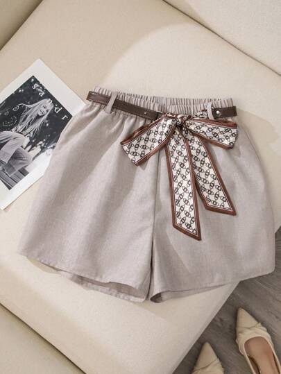 Franclia 女士时尚舒适百搭修身都市休闲法式短裤配围巾腰带，春夏