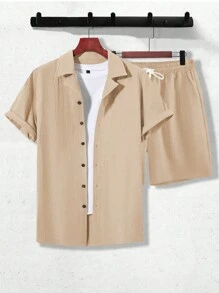 Manfinity RSRT 2件套男士夏季休闲纯色衬衫和短裤男两件套夏季男士度假短裤套装男士沙滩装套装男士两件套休闲短裤套装 - 杏色 - 查看 5