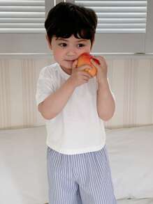 Hapijoa 2件套幼儿/婴儿男童休闲圆领短袖T恤和格子阔腿裤睡衣套装 - 淺藍色 - 查看 3