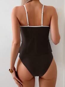 Swim Lushoire Women's Summer Beach Striped Patchwork Ruffle Hem Tankini Swimsuit Set - Black and White - View 2