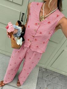 SHEIN Frenchy Women 2pcs Set Sleeveless Striped Bowknot Button Front Shirt And Pants, Casual Summer Outfit Christmas New Year Red Red - Red - View 5