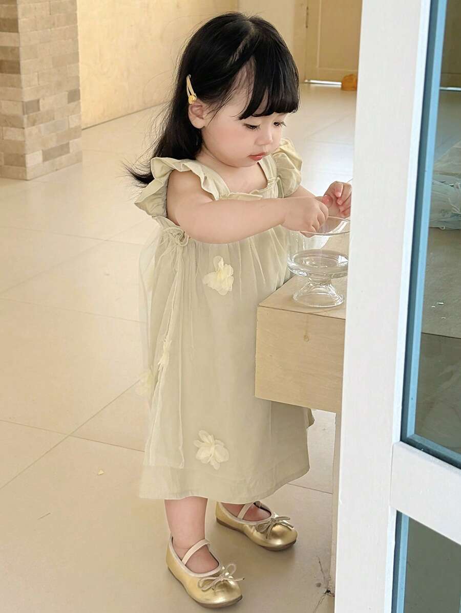 DAZY Đầm dự tiệc sinh nhật dài ngang gối cổ vuông, viền bèo nhún, chất liệu lưới, thích hợp cho bé gái. - Màu xanh Bạc hà - Xem 1