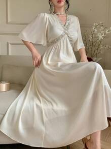 DAZY Women's Summer Elegant Beaded & Sequin Patchwork Short Sleeve Long Textured Fabric Cinched Waist Casual Vacation Boho Dress