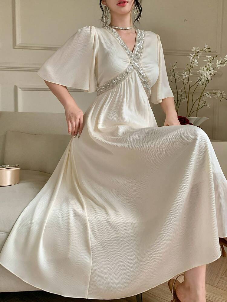 Women's Summer Elegant Beaded & Sequin Patchwork Short Sleeve Long Textured Fabric Cinched Waist Casual Vacation Boho Dress